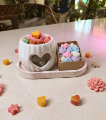 Kit pebetero con waxmelt: pebetero de cerámica, bandeja en concreto mediana y cajita de waxmelts | Rustik